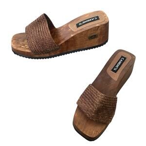 Vintage Candies Brown Square Toe Wood Wedge Sandals Slides Women’s Size 9 / 9.5